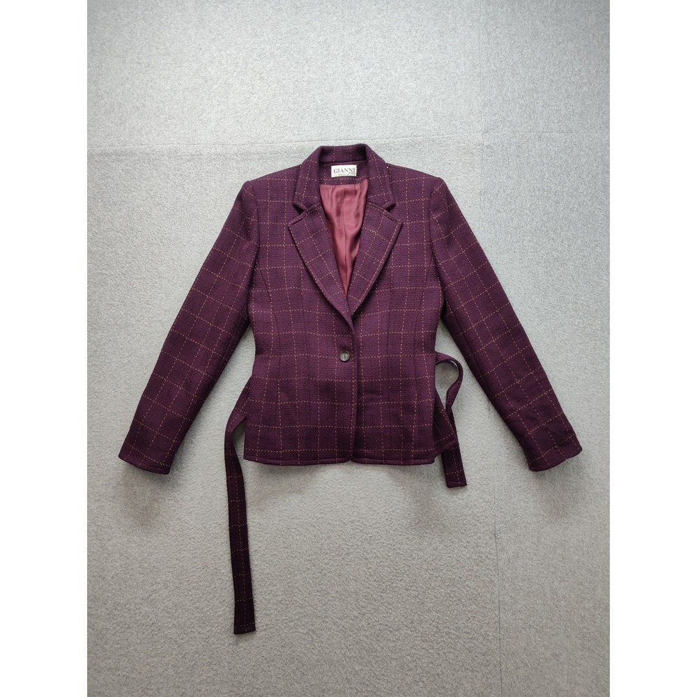 Gianni Women Blazer Jacket 6 Burgundy Plaid Single Button Formal Business Wool